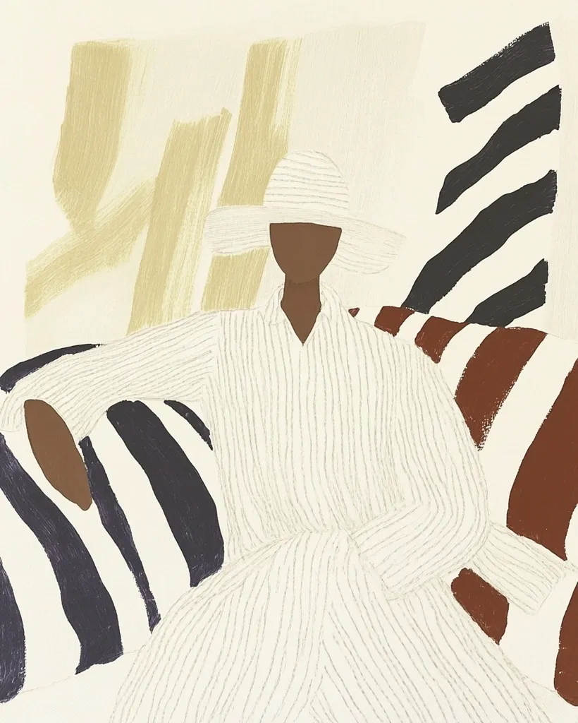 A stylized illustration depicts a dark-skinned woman in a wide-brimmed white hat and a finely striped, off-white robe.  She is seated, seemingly relaxed, amidst boldly patterned cushions in shades of black, white, brown, and rust. The background features loose brushstrokes of pale beige and off-white, creating a sense of warmth and leisure. The overall style is minimalist and subtly graphic, emphasizing form and texture.