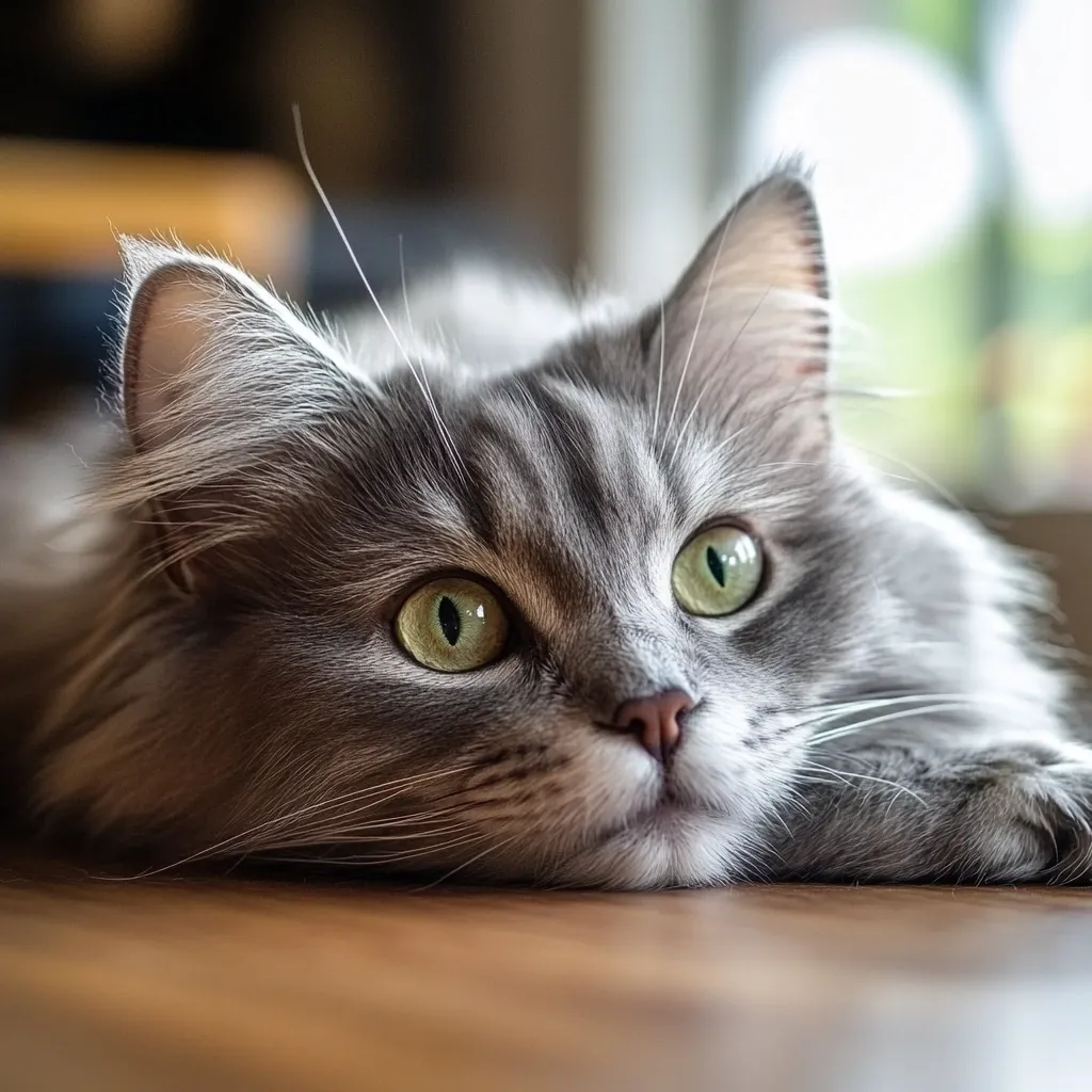 Here's a description of the image:

Close-up view of a long-haired gray and silver tabby cat lying on a wooden surface.  Its large, expressive green eyes are captivating, and its fur appears soft and fluffy. The cat's head is resting on the wood, its chin and paws slightly touching the surface.  The background is softly blurred, suggesting an indoor setting near a window, with hints of natural light. The overall mood is peaceful and serene.