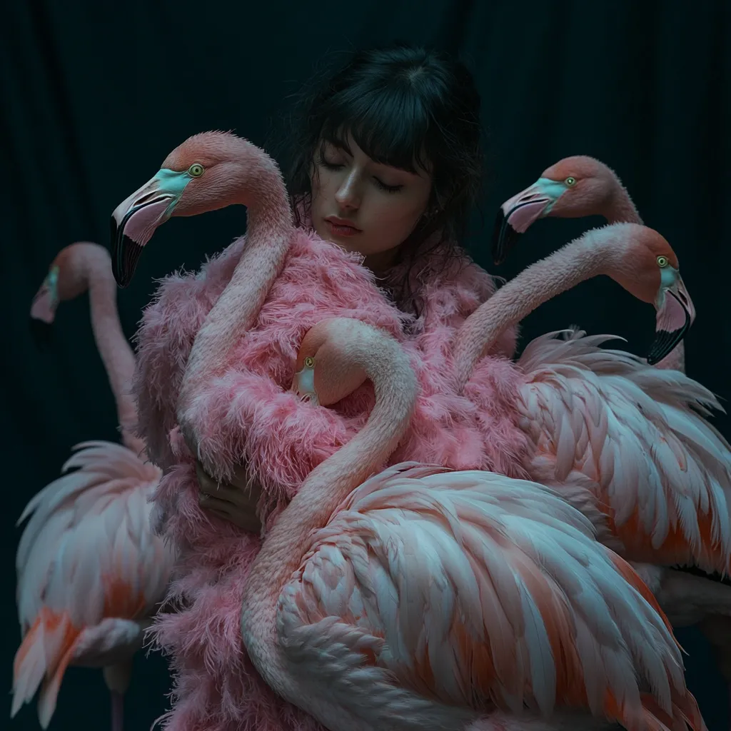A young woman with dark bangs gazes serenely downwards, enveloped by several pink flamingos.  She's wearing a fluffy, pink coat that blends seamlessly with the birds' plumage.  The scene is darkly lit, creating a moody, almost surreal atmosphere. The flamingos' necks curve gracefully around her, creating a striking visual contrast between the human form and the exotic birds.  The overall impression is one of quiet intimacy and otherworldly beauty.