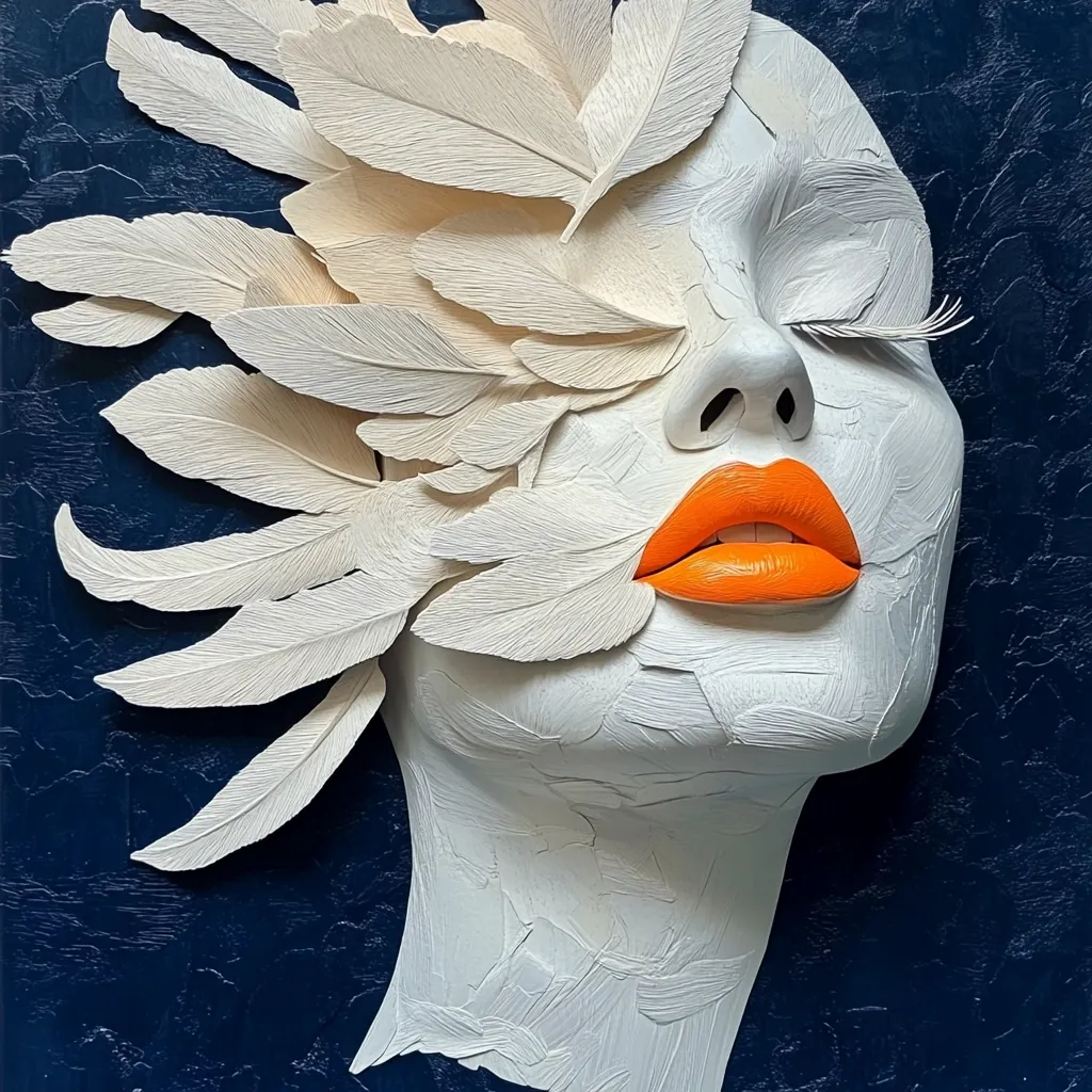 Here's a description of the image:

The artwork presents a three-dimensional, stylized female face, rendered in off-white, textured paint.  The face is partially obscured by a profusion of sculpted, off-white feathers, which appear to be emerging from and flowing around the head.  The woman's eyes are closed, and her lips are a vibrant orange. The contrast between the cool, muted tones of the face and feathers, and the bold orange lips, is striking. The background is a deep navy blue, enhancing the three-dimensionality and the overall artistic effect. The piece appears to be a textured relief sculpture, with visible brushstrokes and layering in the paint application.