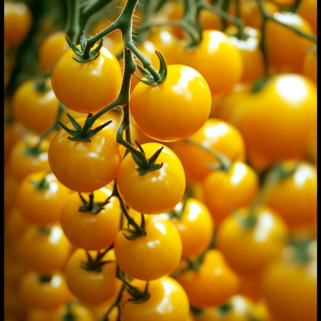 A vibrant cluster of ripe, yellow cherry tomatoes hangs from a vine.  Their smooth skins gleam, reflecting light.  The tomatoes vary slightly in size, some rounder than others, but all share the same sunny hue.  The green stems and leaves contrast beautifully with the bright fruit, creating a visually appealing and delicious-looking image.  The background is blurred, focusing attention on the central bunch of tomatoes.
