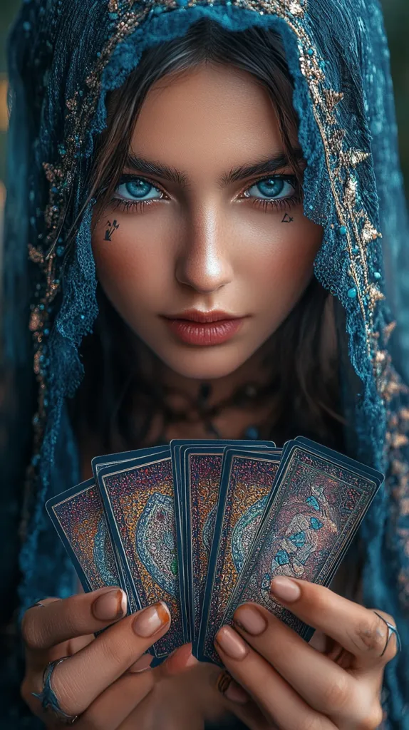 A young woman with striking blue eyes gazes intensely from beneath a teal, lace-adorned veil.  Small tattoos adorn her face.  Her hands delicately hold a spread of ornate tarot cards, suggesting a mystical or fortune-telling persona. The image is rich in detail and evokes a sense of mystery and intrigue.