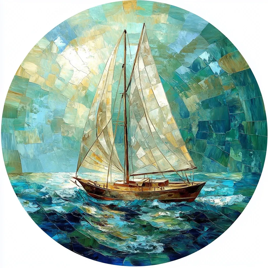 The circular artwork depicts a sailboat gracefully navigating a sea of teal and blue hues. The sails are filled with a patchwork of light beige and white, creating a textured effect. The water is rendered with visible brushstrokes, suggesting movement and texture. The style appears to be a blend of impressionism and perhaps palette knife technique, giving it a vibrant, almost mosaic-like quality. The overall mood is serene yet dynamic, capturing the beauty of a sailing vessel at sea.