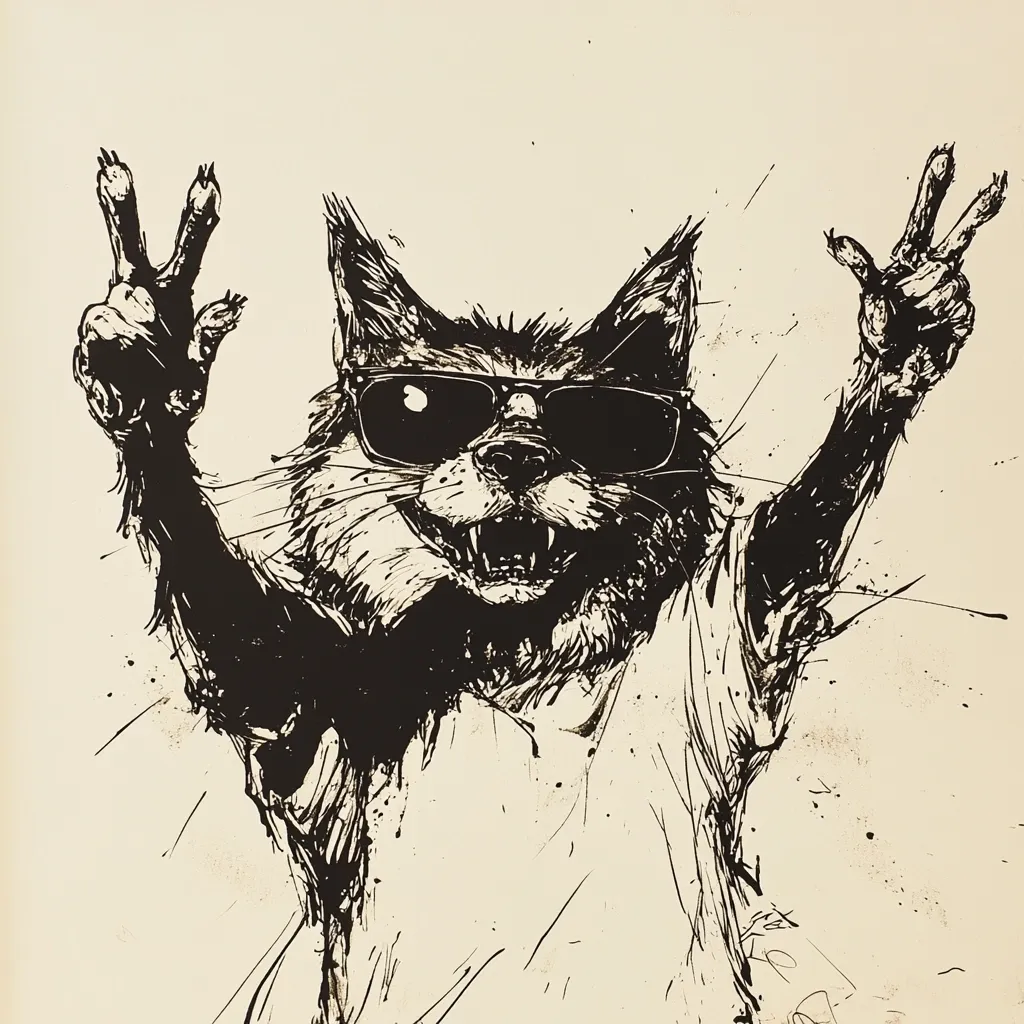 Here's a description of the image:

The artwork depicts a stylized cat, rendered in black ink on a beige background.  The cat is depicted wearing sunglasses and is playfully raising both hands in a peace sign gesture. Its expression is one of cheerful defiance or mischievousness, with a slightly snarling grin. The style is expressive and slightly abstract, with a focus on bold lines and textures, giving it a gritty, almost punk-rock feel. The background has a splatter effect, complementing the dynamic energy of the cat's pose.
