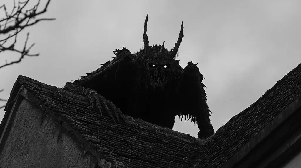 Here's a description of the image:

A menacing, shadowy creature, possibly demonic, perches atop a dilapidated building's roof. Its form is largely silhouetted, with only glowing eyes visible, adding to its ominous presence. The creature possesses horns and a grotesque, jagged appearance. The building's roof is old and weathered, with visible decay, mirroring the creature's decaying nature. The overall monochrome palette enhances the dark and ominous atmosphere. The background is a muted sky, emphasizing the creature and the building's starkness. The scene evokes feelings of horror and unease.