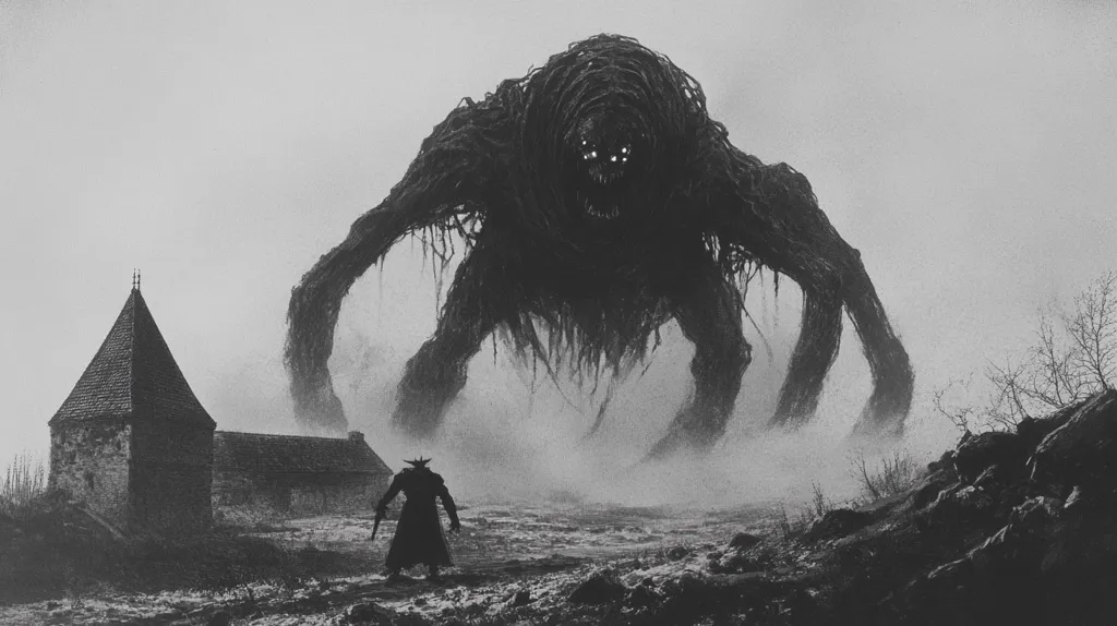 Here's a description of the image:

A monochrome image depicts a colossal, monstrous figure, resembling a gnarled tree come to life, looming over a desolate landscape.  Its form is dark and ominous, with visible, clawed limbs and a gaping maw. A lone, cloaked figure, small in comparison, stands before it, seemingly facing the beast. A simple stone building sits in the background, adding to the scene's isolated and foreboding atmosphere.  The overall mood is one of dread and impending confrontation.  A misty fog hangs in the air, further emphasizing the grim setting.
