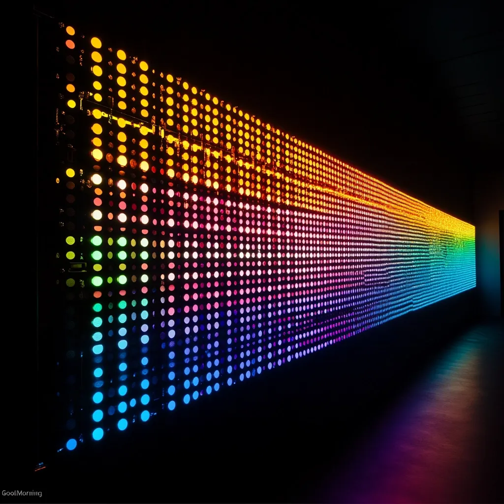A long, rectangular LED display wall radiates a vibrant spectrum of colors.  The wall is composed of countless small, circular lights, transitioning smoothly from warm oranges and yellows at one end to cool blues and purples at the other, creating a mesmerizing rainbow effect.  The display is set against a completely dark background, highlighting the intensity and brilliance of the lights. The overall impression is one of dynamic energy and artistic spectacle.
