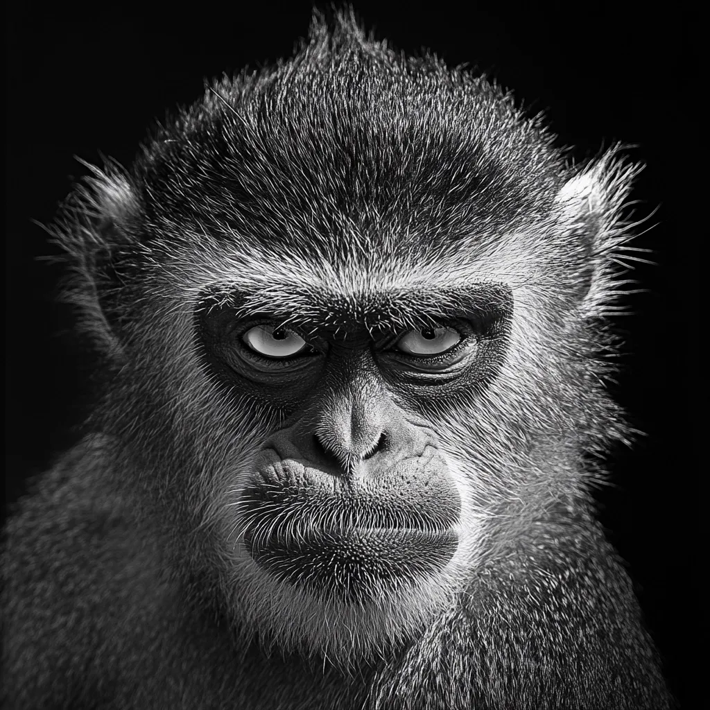 Here's a description of the image:

The black and white close-up photograph captures a primate's intense gaze.  Its dark, expressive eyes are sharply focused, conveying a sense of seriousness or perhaps even suspicion. The monkey's thick, dark fur is highlighted by the stark contrast against the black background. Its facial features are detailed, showing a prominent nose and a slightly downturned mouth, adding to its serious expression. The overall mood is one of powerful intensity and captivating scrutiny.