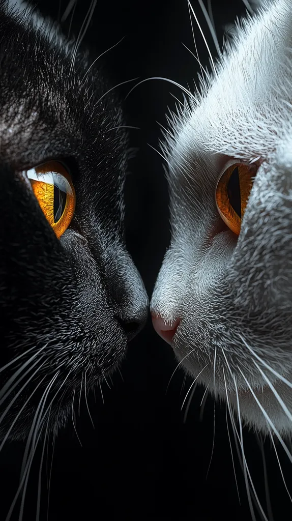 Here's a description of the image:

Close-up view of two cats' faces, one black and one white, positioned nose to nose against a stark black background.  Their eyes, a vibrant amber, are strikingly prominent.  The detail is exceptional, showcasing the texture of their fur—the sleek darkness of the black cat contrasting sharply with the fluffy lightness of the white cat.  The whiskers of both cats extend outward, adding to the image's dramatic tension. The overall effect is one of intimacy and stark contrast.