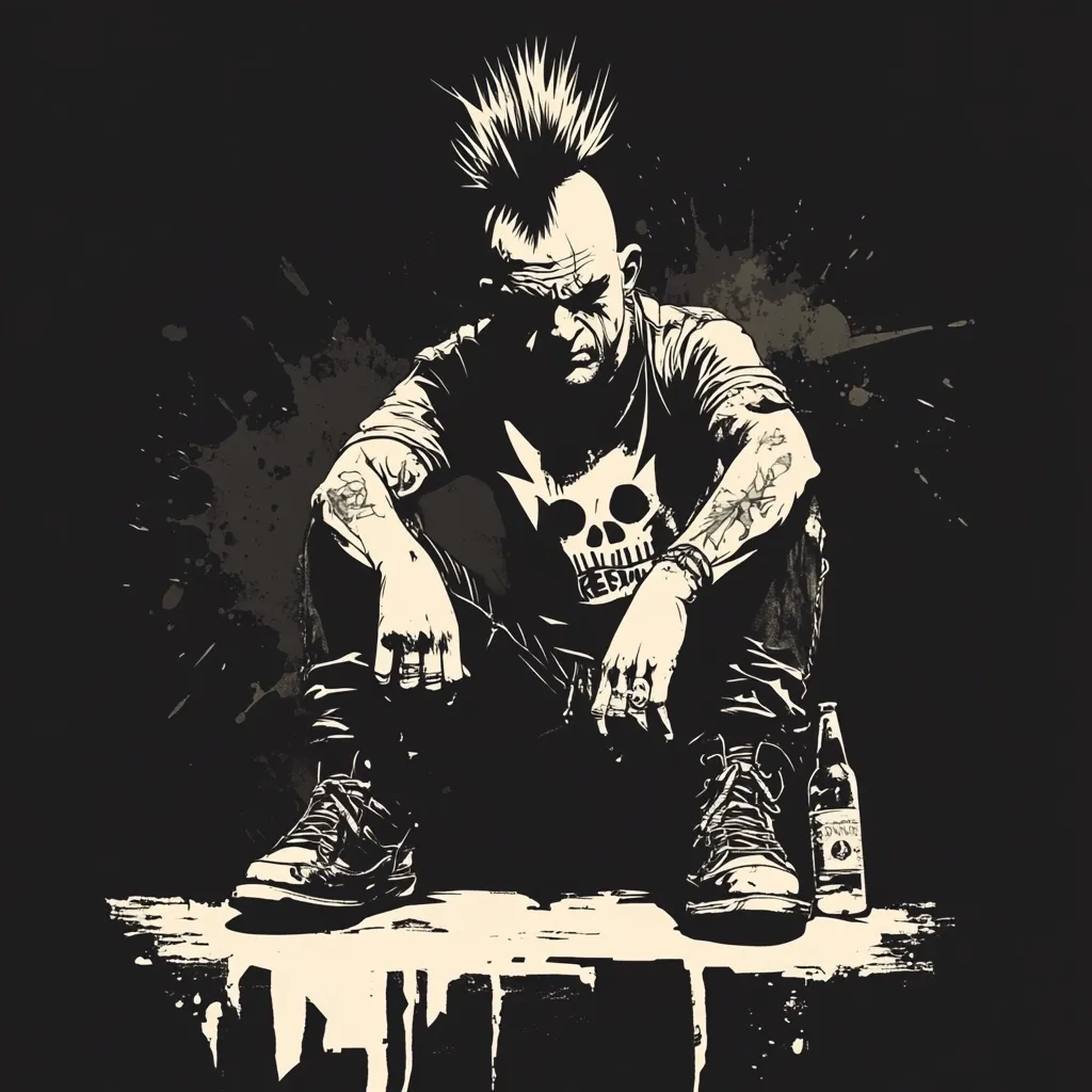 Here's a description of the image:

The illustration depicts a brooding punk rocker, squatting on a pale surface against a dark background. His mohawk is prominent, and he wears a t-shirt featuring a skull graphic, jeans, and boots. He has tattoos on his arms and appears pensive, his hands resting on his knees. The style is black and white, reminiscent of comic book art, with a grunge-like texture in the background and drips of paint at the bottom. A beer bottle rests beside him, adding to the overall atmosphere of rebellion and solitude. The monochromatic palette emphasizes the figure's stark features and the moody setting.
