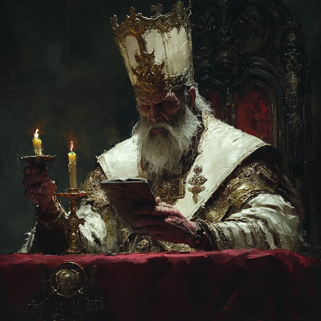The painting depicts an aged, imposing figure, possibly a cardinal or pope, seated on an ornate, dark throne. He wears a richly embroidered, white robe and a magnificent gold and white papal tiara.  His long white beard flows down his chest as he holds a candlestick with two lit candles in one hand and a book in the other, studying its contents intently. The dimly lit setting and the man's stern expression convey a sense of solemnity and perhaps even foreboding. The overall style is dark, dramatic, and painterly, evoking a gothic or religious aesthetic.
