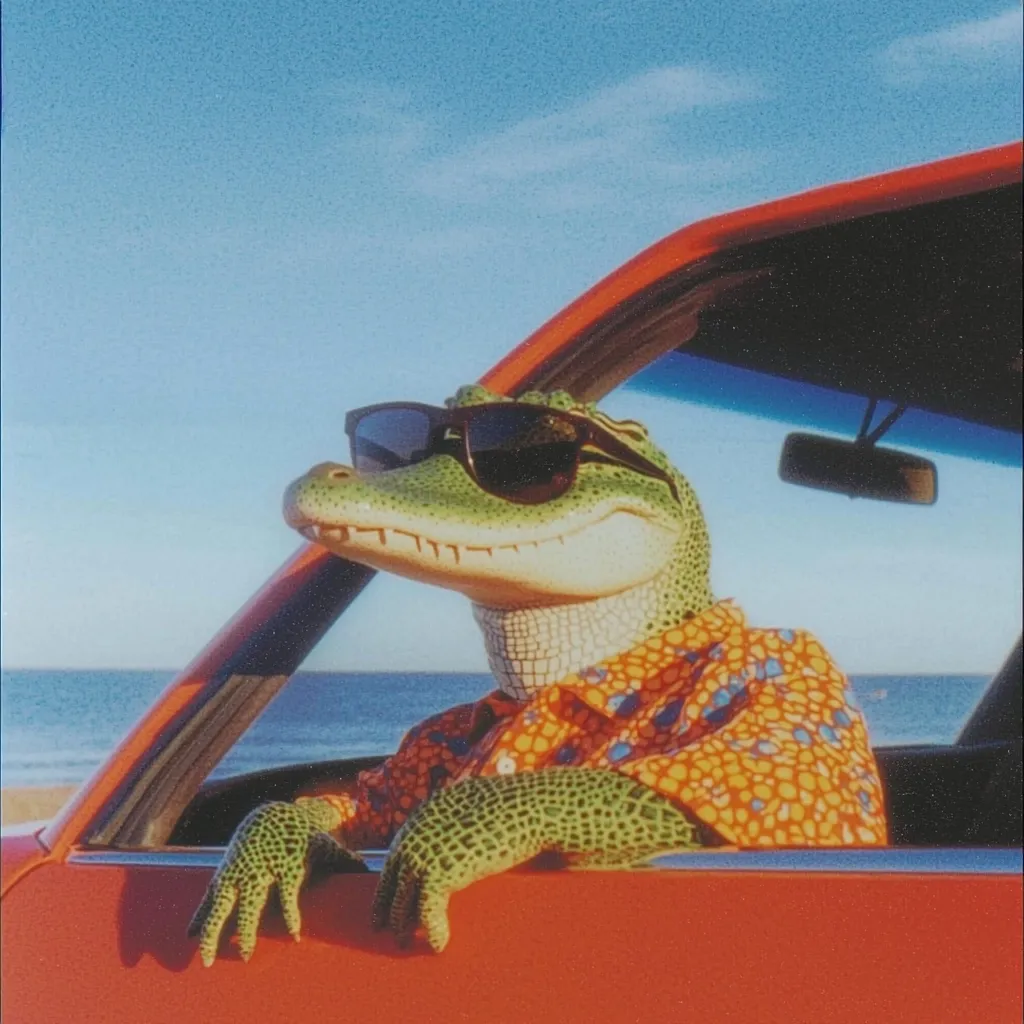 Here's a description of the image:

A whimsical image shows a crocodile wearing sunglasses and a vibrant orange and yellow Hawaiian shirt.  The crocodile is seated in the passenger seat of a red convertible, its arms resting on the door sill.  The car is positioned near a beach with a calm ocean in the background under a bright, clear sky. The overall aesthetic is playful and summery.  The image has a vintage or retro feel, possibly due to the color grading and slightly grainy texture.