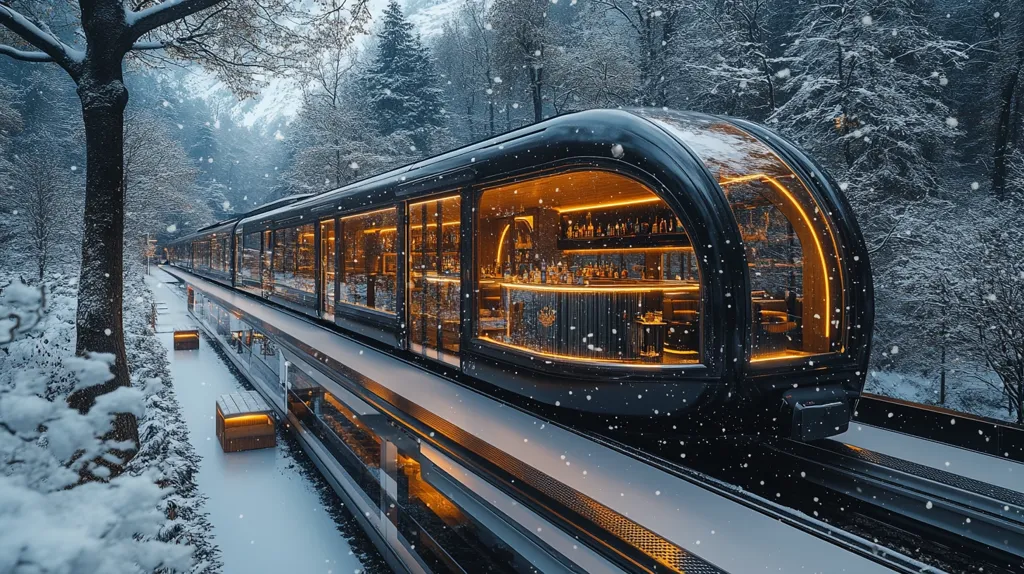 A sleek, black train car, seemingly a luxury bar, glides through a snowy, forested landscape.  Large windows reveal an interior bathed in warm, golden light, showcasing a well-stocked bar.  Snow falls gently, blanketing the trees and the ground around the elevated train track. The overall scene evokes a sense of serene, luxurious travel in a winter wonderland.
