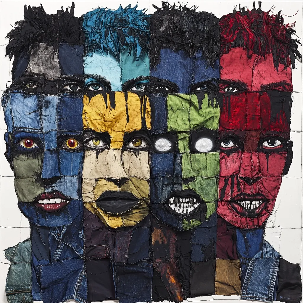 A striking textile artwork depicts four stylized faces, each a patchwork of denim and colored fabric.  The faces, arranged side-by-side, exhibit a range of expressions and color palettes: somber blues, vibrant reds, and earthy yellows and greens.  Intense eyes and detailed facial features, rendered with paint, add depth to the textured fabric collage. The overall effect is a bold, expressive piece with a raw, almost unsettling quality.