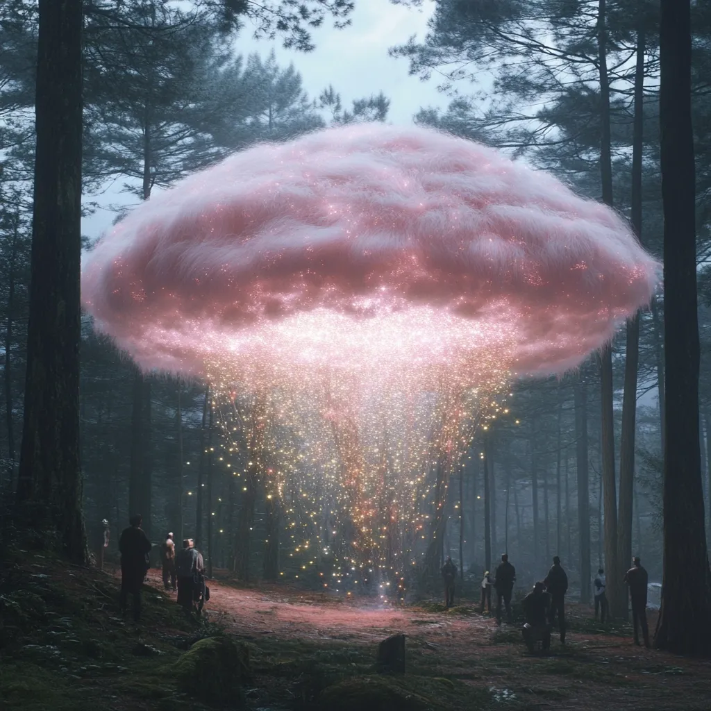 Here's a description of the image:

A surreal scene unfolds in a dark, misty forest. A large, fluffy, pink cloud, glowing with internal light, hovers above the ground. From its base, a radiant beam of golden and white sparks cascades down, illuminating the forest floor.  Several figures, appearing small in scale, stand observing this ethereal spectacle. The overall mood is one of wonder and mystery, blending elements of fantasy and realism.  The contrast between the dark forest and the luminous cloud creates a dramatic visual effect.