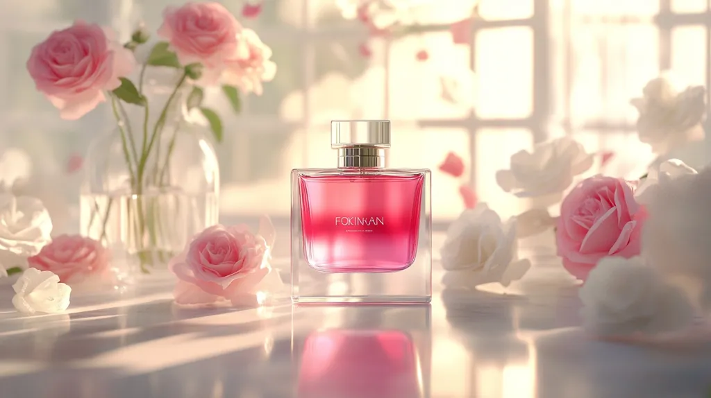 A bottle of Fokinlan perfume sits center stage, bathed in soft, golden light.  Surrounding it are delicate pink and white roses, artfully arranged on a reflective surface.  The scene is serene and romantic, highlighting the perfume's feminine and floral essence. The overall aesthetic is one of elegance and luxury, emphasizing the beauty of both the fragrance and the flowers. The light creates a dreamy, ethereal atmosphere.