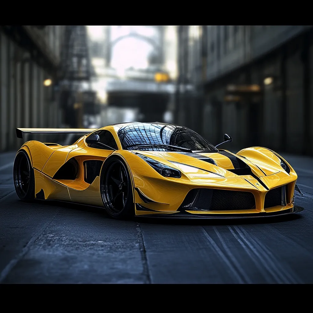 A vibrant yellow Ferrari LaFerrari, customized with black accents, is the focal point of the image.  The sleek, low-slung supercar sits on a dark, textured roadway in a blurred urban backdrop. The city's architecture is visible in the soft background, drawing attention to the car's sharp lines and aerodynamic design. The overall mood is one of speed, power, and luxurious sophistication. The lighting accentuates the car's glossy paint job, creating a sense of dynamism.