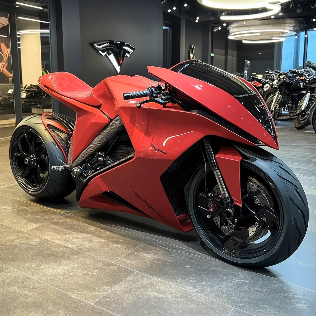 A vibrant red electric motorcycle, sleek and futuristic in design, dominates the frame.  Its glossy finish reflects the showroom's polished floor.  The bike features a sharply angled fairing, large wheels, and a minimalist red seat. The background subtly shows a modern showroom with other motorcycles, suggesting a high-end, technologically advanced environment.  The overall impression is one of speed, luxury, and cutting-edge design.
