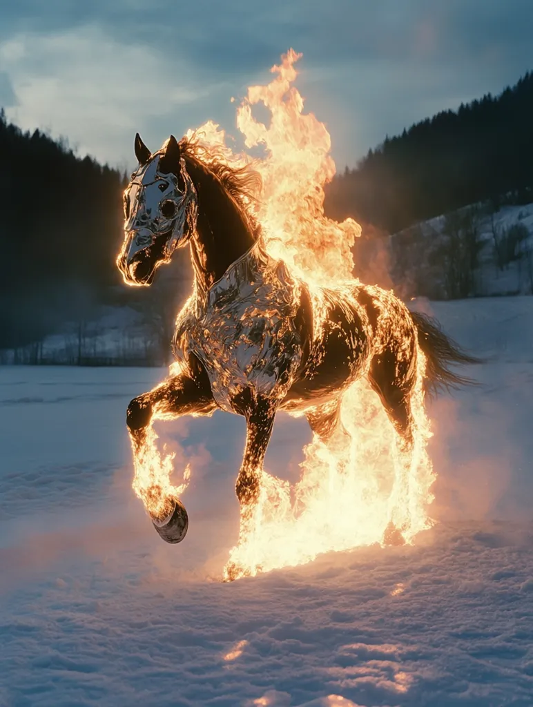 A majestic black horse, seemingly clad in metallic armor, gallops across a snowy landscape.  Intense flames engulf its body and trail behind it, creating a dramatic contrast against the cold, white snow. The background features a dark, silhouetted forest under a twilight sky. The image evokes a sense of mythical power and surreal beauty.