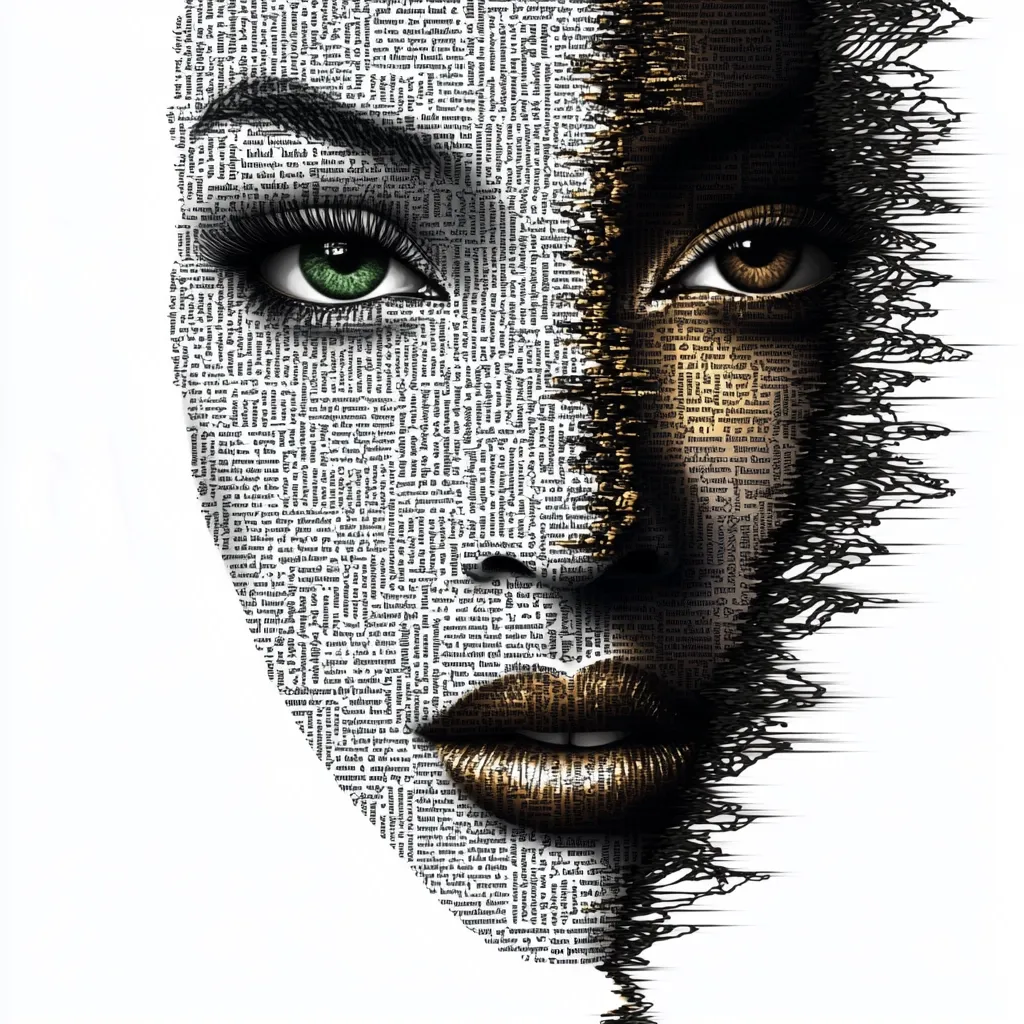 The artwork is a stylized portrait of a woman's face constructed from densely packed, fragmented text.  One half of the face is predominantly black and white, while the other is rendered in shades of gold, creating a striking contrast.  The text appears to be from a book or newspaper, suggesting a connection between language and identity. The fragmented text creates a textured, almost abstract effect, giving the face a dynamic and slightly unsettling quality. The overall style is bold and graphic, blending realism with abstract expressionism.