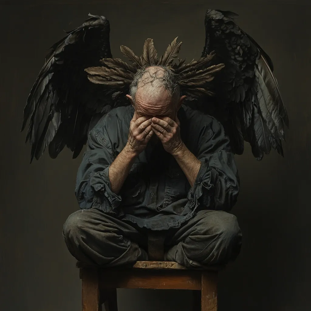 An older man with dark, feathered wings sits on a small wooden stool, his face buried in his hands.  He is dressed in worn, dark clothing, and his bald head is adorned with additional feathers. The overall mood is one of profound sadness and despair, perhaps suggesting a fallen angel or a burdened soul. The dark background and muted tones enhance the somber atmosphere. The image is evocative and mysterious, hinting at a deeper narrative.
