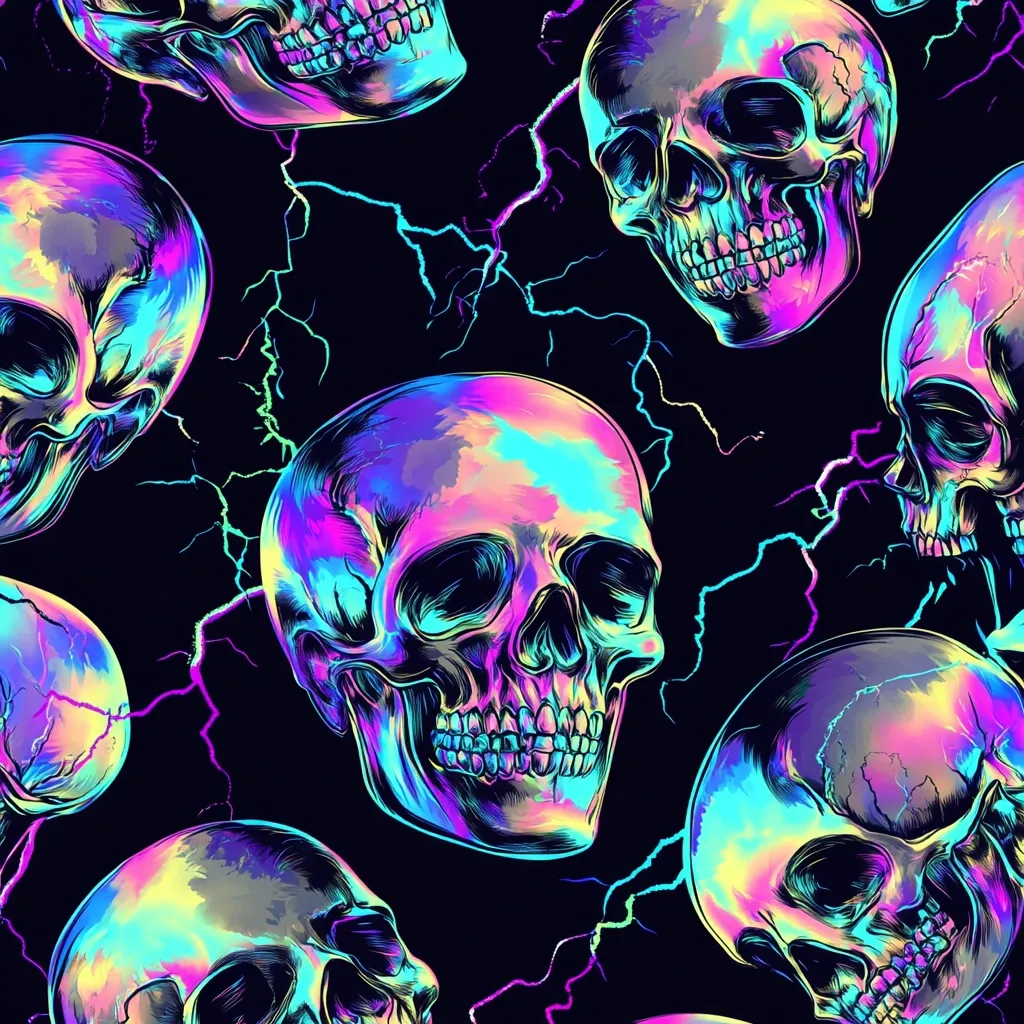 Here's a description of the image:

The image is a seamless pattern featuring numerous iridescent skulls against a black background.  The skulls are rendered in a vibrant, holographic style with shifting colors of pink, blue, green, and purple.  They are detailed, showing realistic skull features.  A network of purple and blue lightning bolts adds a dynamic, energetic feel, contrasting with the otherwise darkly-toned backdrop. The overall effect is striking and visually arresting, with a blend of dark and psychedelic aesthetics.