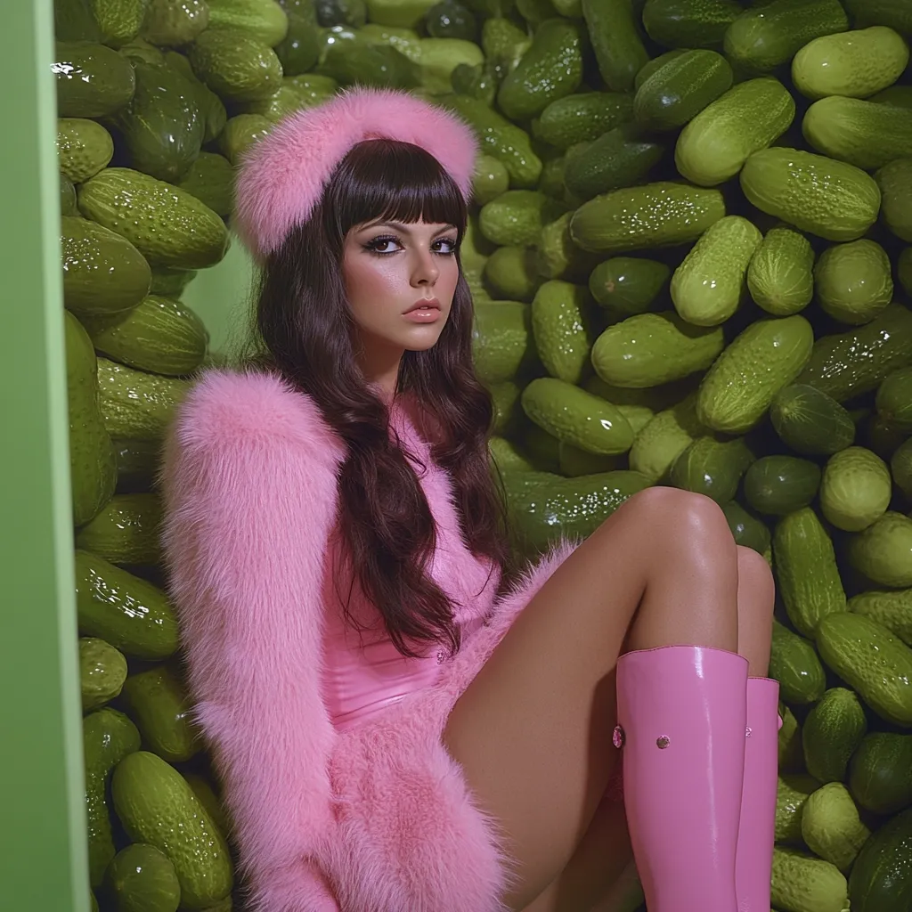 A young woman with long brown hair, wearing a pink fur coat and pink rain boots, sits surrounded by a large pile of green pickles.  She has a serious expression and wears a pink fur headband. The setting is stylized and vibrant, creating a surreal and visually striking image. The contrast between the soft pink clothing and the bright green pickles is eye-catching.