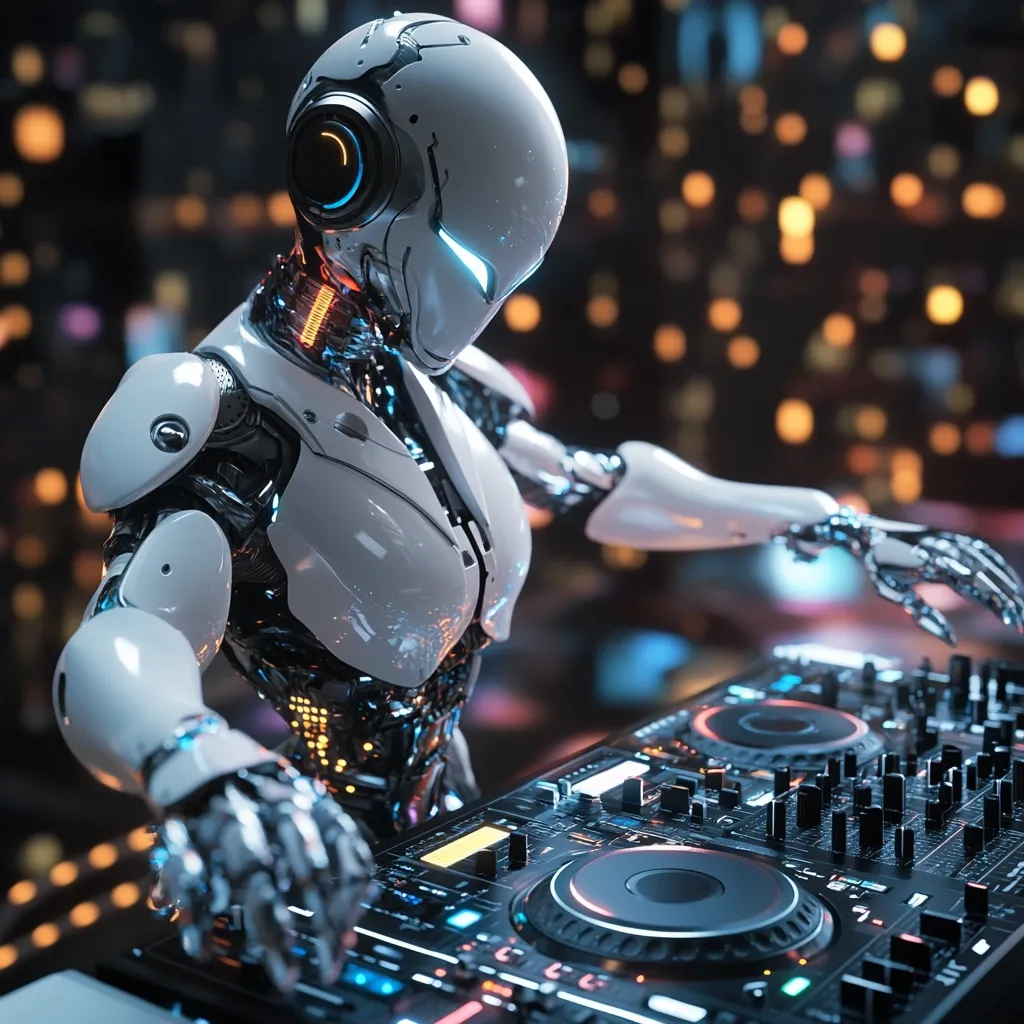 A futuristic, white humanoid robot stands behind a DJ mixer.  Its metallic, articulated arms are positioned over the controls, suggesting it's mixing music.  The robot's design is sleek and intricate, with visible internal mechanisms. The background is a blurred cityscape at night, filled with warm, out-of-focus lights, creating a vibrant, dynamic atmosphere.  The overall image suggests a technologically advanced future where robots participate in human activities.