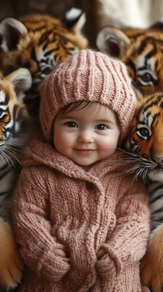 A baby, wearing a chunky, light-pink knitted cardigan and matching hat, sits surrounded by several tiger cubs.  The cubs are playfully nestled around the infant, their orange and black stripes contrasting beautifully with the soft pastel colors of the baby's clothing. The baby has a serene and content expression, creating a heartwarming and unusual scene of interspecies closeness. The image is soft and warmly lit.