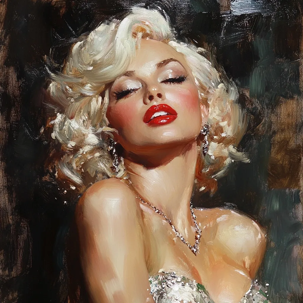 This is an oil painting of a woman styled in the manner of Marilyn Monroe.  She has platinum blonde, voluminous curls, and is wearing a shimmering, sequined strapless dress. Her eyes are closed, and her lips are painted a bold red.  She wears a delicate necklace and dangling earrings. The painting style is expressive and uses rich, visible brushstrokes, particularly in the background's dark tones which contrast sharply with her light skin and hair. The overall effect is glamorous and sensual.