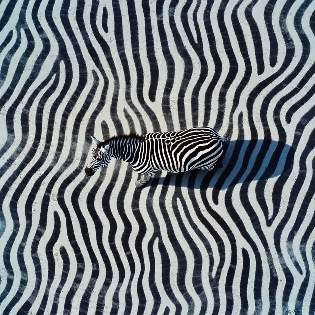 An aerial view shows a zebra walking across a surface patterned with wavy black and white stripes.  The zebra's stripes are strikingly similar to the background, creating a mesmerizing camouflage effect. The contrast between the animal and its environment is visually striking, and the scene is almost surreal in its symmetry and design.  The zebra's shadow is cast onto the patterned ground, adding depth to the image.