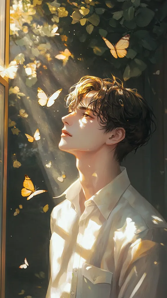 Here's a description of the image:

The artwork depicts a young man with dark, slightly tousled hair, wearing a crisp white button-down shirt. He stands near a window, bathed in warm, golden sunlight that streams through leaves and creates a dappled effect on his face and shirt.  Numerous pale yellow butterflies flutter around him, adding to the serene and dreamlike atmosphere.  His gaze is directed upward, suggesting contemplation or peaceful reflection. The overall style is soft, painterly, and evokes a sense of tranquility and beauty.
