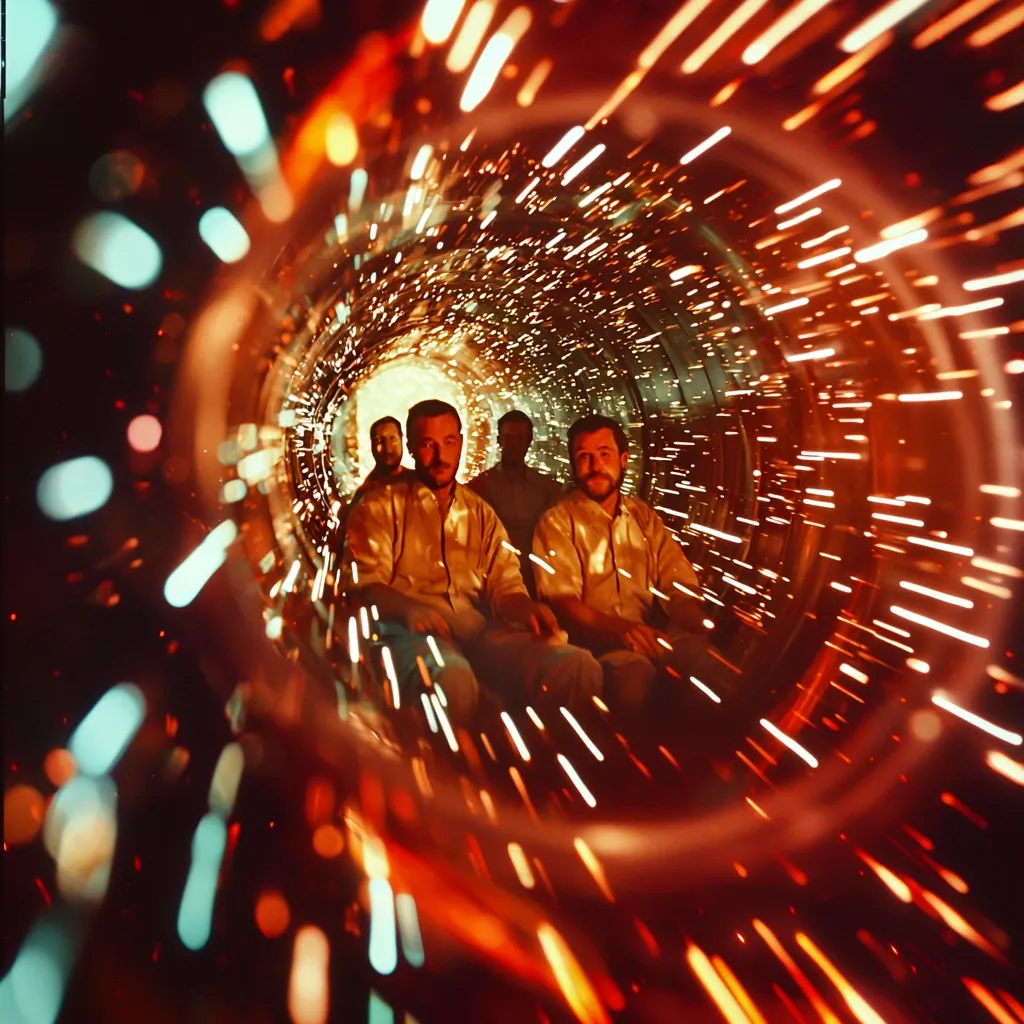 Here's a description of the image:

The photograph captures four men seated in a cylindrical vehicle, hurtling through a tunnel ablaze with vibrant, streaking sparks. The intense orange and red hues of the sparks contrast with cooler teal and green bokeh in the foreground and background.  The men, in tan work-like attire, appear calm amidst the fiery spectacle.  Their expressions are visible, suggesting a sense of controlled excitement or adventure. The overall effect is one of dynamic motion and intense energy.