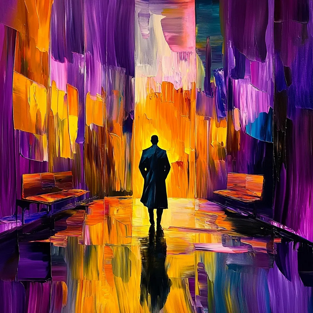 Here is a description of the image:

The painting is a vibrant, expressionistic depiction of a solitary figure standing in a city alleyway.  The man, silhouetted in black, stands with his back to the viewer, facing a bright, orange-hued end of the passage. The alley walls are rendered in thick, impasto strokes of purple, with splashes of yellow and orange, suggesting movement and energy.  Benches flank the man, mirrored in the reflective, wet ground. The overall style is bold and dramatic, emphasizing mood and atmosphere over strict realism.  The colors are rich and saturated, creating a sense of both mystery and warmth.