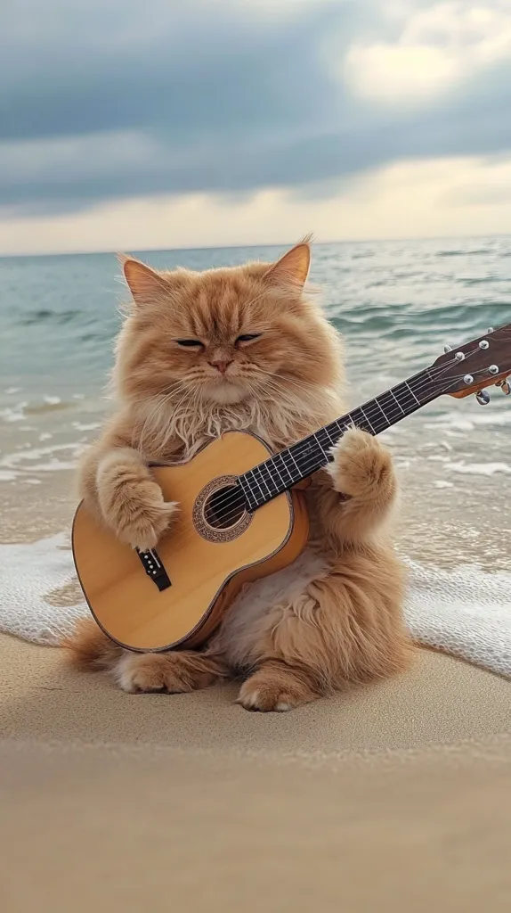 A fluffy ginger cat sits on a sandy beach, cradling a small acoustic guitar.  The ocean waves gently lap at the shore in the background under a cloudy sky. The cat appears serene, almost melancholic, as it holds the instrument. The overall mood is peaceful and whimsical, creating a charming and unusual scene.