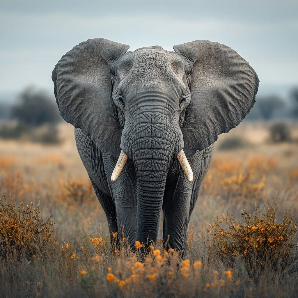 A majestic African elephant dominates the foreground, its massive form filling the frame.  Its large ears are spread slightly, and its wrinkled grey skin shows age and wisdom.  Long ivory tusks curve downwards. The elephant is walking towards the viewer through tall, dry grass interspersed with small, orange flowering bushes.  The background is a softly blurred landscape under a muted sky. The overall mood is one of quiet power and natural beauty.