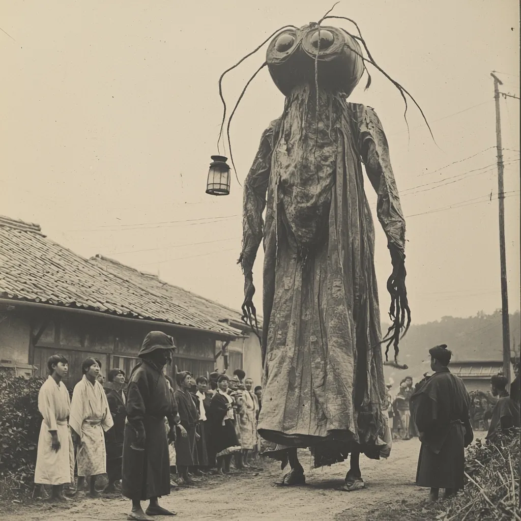 A striking sepia-toned photograph depicts a colossal, eerie figure, possibly a giant puppet or effigy, dominating a Japanese village street.  The creature, resembling an insect with a large head and long, spindly limbs, carries a lantern. A crowd of onlookers, dressed in traditional clothing, observe from a respectful distance, adding to the scene's mysterious and almost otherworldly atmosphere. The background reveals simple village houses, enhancing the contrast between the gigantic figure and the everyday life of the villagers.