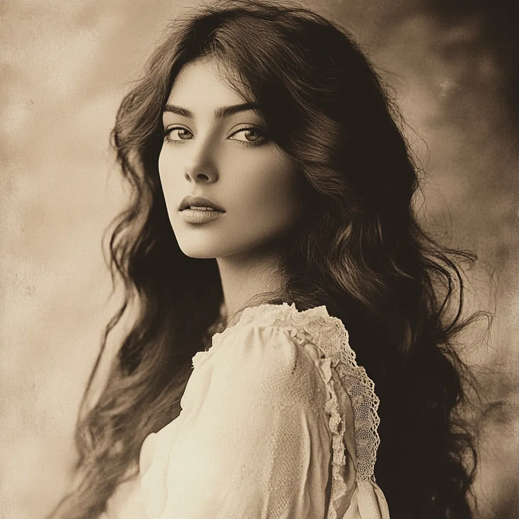 Here's a description of the image:

The sepia-toned portrait showcases a young woman with long, flowing dark hair cascading down her shoulders. She's wearing a delicate, light-colored blouse adorned with lace detailing at the shoulder. Her gaze is directed over her shoulder, creating a sense of mystery. The soft lighting and textured background enhance the image's vintage aesthetic, evoking a timeless and romantic feel. The overall impression is one of classic beauty and subtle elegance.