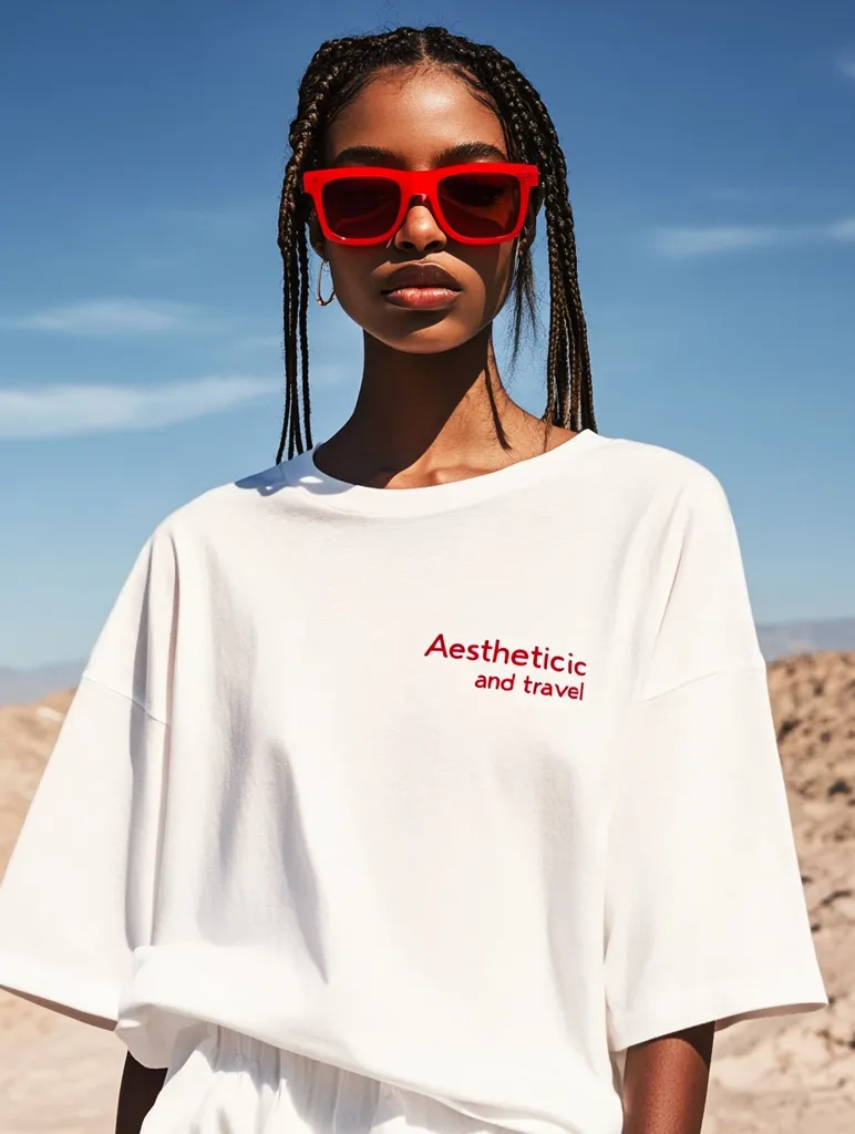 Here's a description of the image:

A young woman with dark skin and long, braided hair models a white oversized t-shirt.  The shirt features the words "Aesthetic and travel" embroidered in red on the chest. She wears bright red square sunglasses.  The background is a blurred, sunny desert landscape under a clear blue sky. The overall style is casual and stylish, suggesting a fashion advertisement.