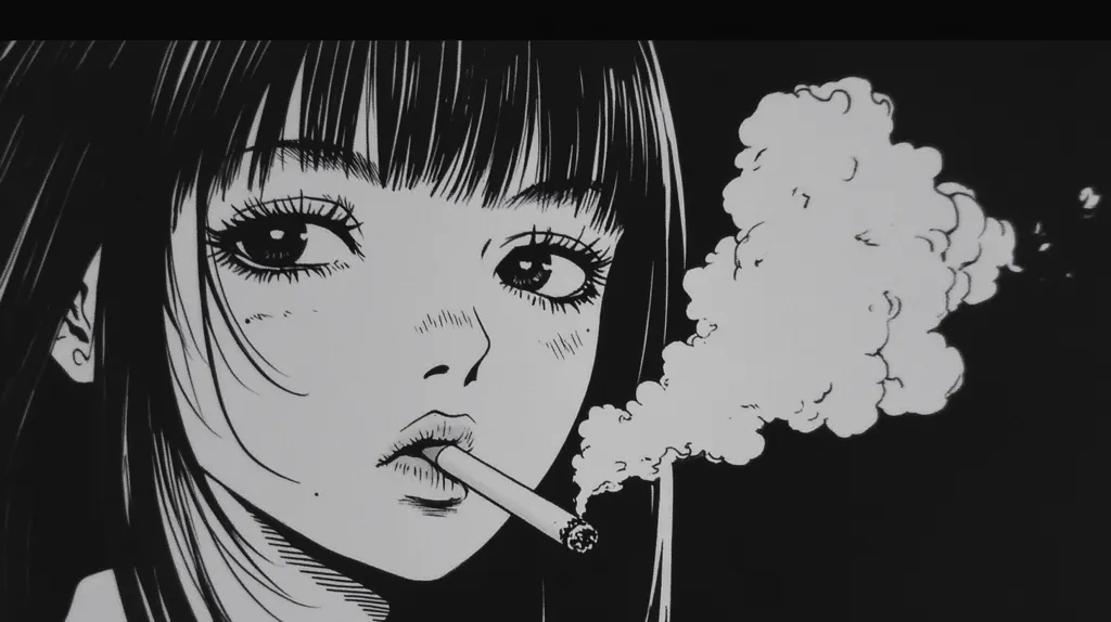 Here's a description of the image:

The image is a black and white illustration, possibly manga-style, depicting a young woman with long, straight black hair that partially obscures her face. She has large expressive eyes, and is smoking a cigarette, with smoke billowing around her head.  The style is dramatic, with stark contrasts between light and dark, and a focus on detail in her facial features. The overall mood is moody and somewhat melancholic.  The artwork's linework is bold and confident.