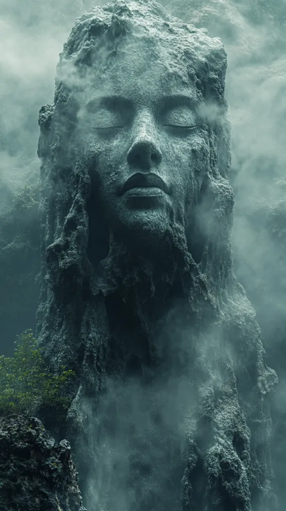 A colossal stone face, seemingly carved from a cliffside, emerges from a misty, verdant landscape.  Eyes closed in serene repose, the weathered features of the woman's visage are softened by the swirling fog.  The texture of the stone is rough and organic, resembling a natural rock formation that has been subtly shaped into a human likeness. The overall mood is mystical and ethereal, evoking a sense of ancient power and mystery nestled within a lush, fog-laden environment.