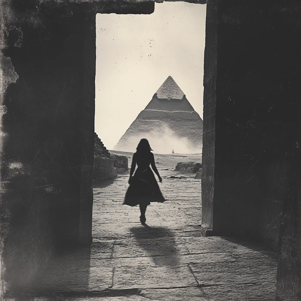 A monochromatic image depicts a woman in a dark dress, walking away from the viewer towards a large pyramid in the distance. The woman is silhouetted, her form stark against the pale sky and dusty landscape.  She emerges from a dark, stone passageway, which frames the scene, leading the eye towards the ancient monument. The overall mood is one of mystery and solitude, with a timeless, almost ethereal quality. The textured background suggests age and antiquity, enhancing the sense of history and the vastness of the setting.