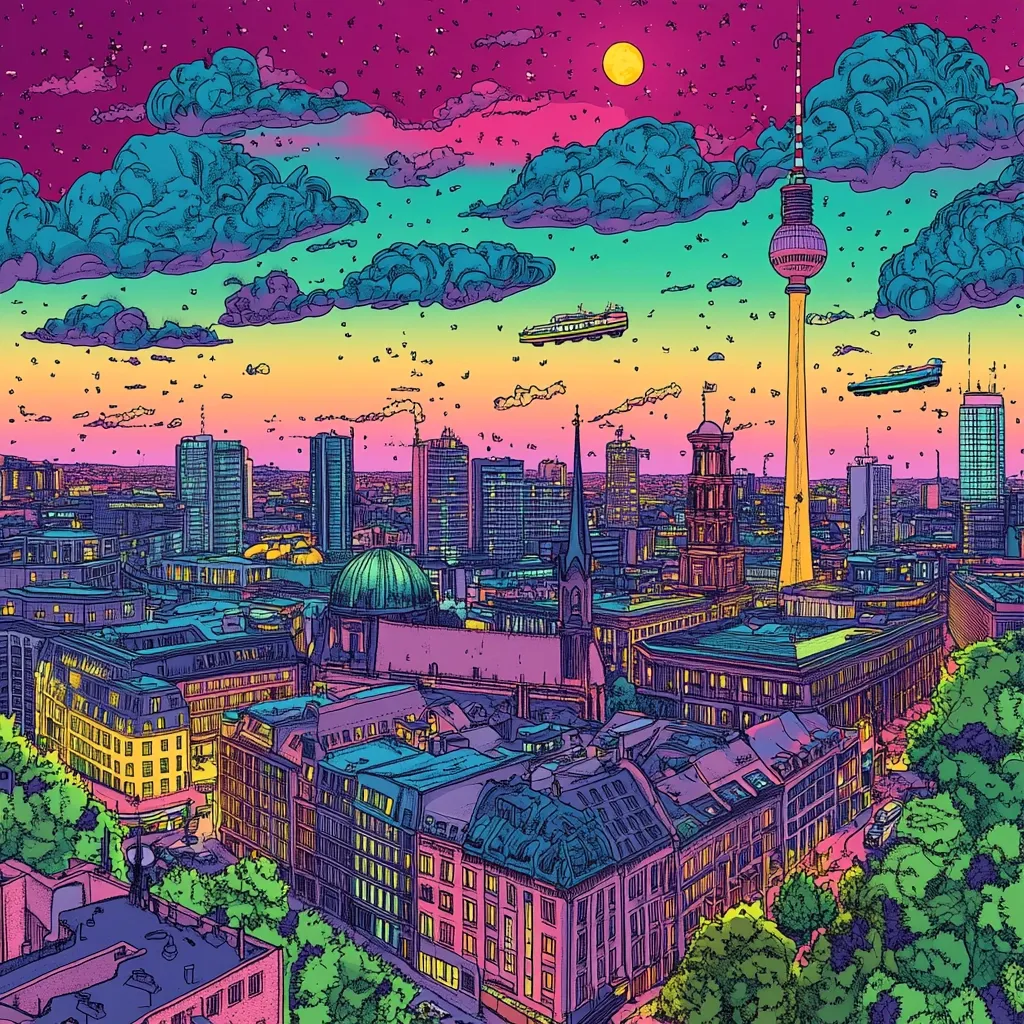 This vibrant, psychedelic illustration depicts a stylized cityscape, likely Berlin, Germany.  The iconic Fernsehturm (TV Tower) is prominent, surrounded by a dense collection of buildings rendered in bold, outlined strokes and a rainbow palette.  Floating airships add a surreal element to the sunset sky, filled with swirling clouds. The image blends architectural detail with a whimsical, almost dreamlike atmosphere.  The overall effect is a striking, colorful representation of urban life.