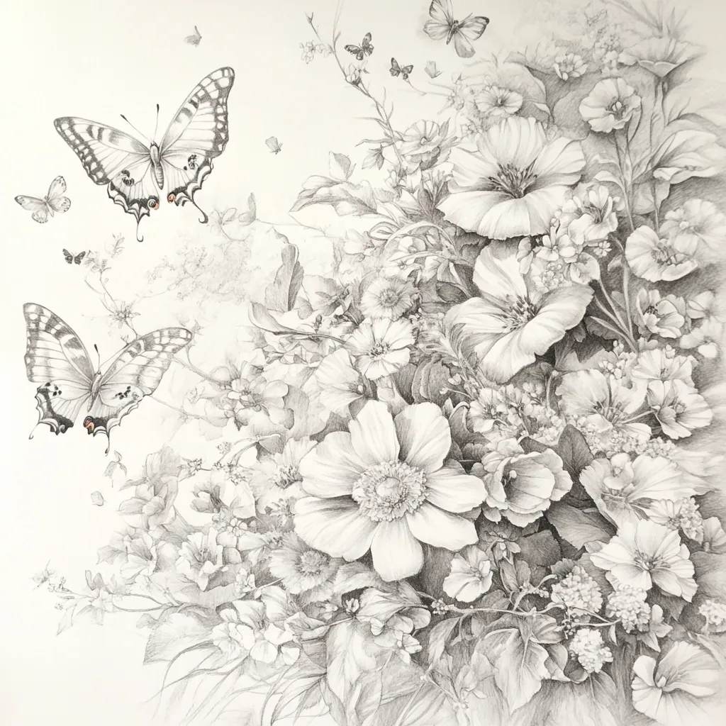 A meticulously detailed pencil sketch depicts a vibrant floral arrangement brimming with various blossoms, predominantly large, delicate poppies and smaller, densely clustered flowers.  Two large swallowtail butterflies, rendered with exceptional realism, grace the left side of the composition, their wings spread in flight, adding a dynamic element to the otherwise static floral display.  Smaller butterflies flit among the blooms, completing the scene's delicate and intricate artistry.