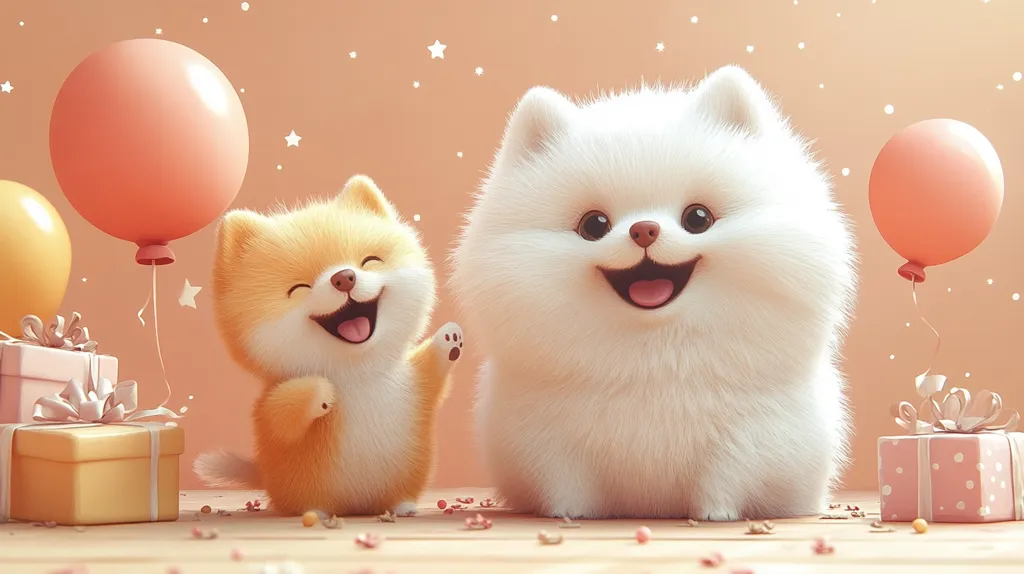 A heartwarming illustration features two adorable cartoon puppies amidst a festive setting. A fluffy white Pomeranian and a smaller, light orange puppy sit side-by-side, both with joyful expressions.  Pastel-colored balloons and presents decorate the scene, suggesting a birthday celebration.  The soft lighting and muted background enhance the image's overall sweetness and charm.