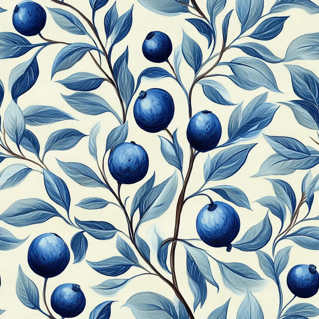 This image is a seamless pattern featuring stylized blueberry branches.  The branches, depicted in varying shades of blue, are laden with plump, round berries.  The leaves are elongated and slightly textured, providing contrast to the smooth berries. The overall color palette is cool and calming, with the blues standing out against a soft, off-white background. The style is reminiscent of botanical illustration or watercolor painting, suggesting a sophisticated, nature-inspired design.