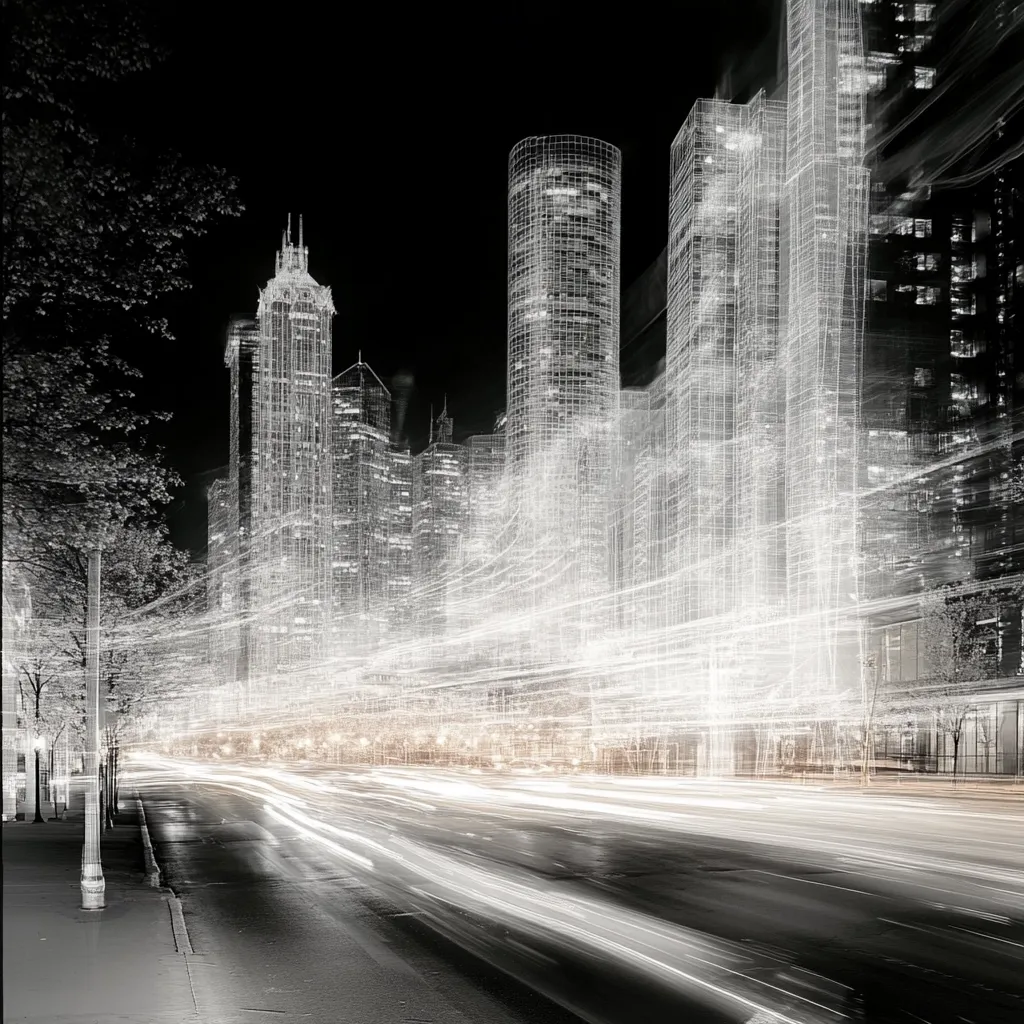 Here is a description of the image in under 100 words:

The image presents a captivating blend of reality and digital design. A city street scene at night is depicted, with skyscrapers rendered as wireframe structures superimposed over a photograph of the real city.  Light trails from moving vehicles streak across the street, creating a sense of motion and energy. The overall effect is a futuristic, almost ethereal visualization, merging architectural plans with a bustling urban environment. The grayscale palette enhances the dreamlike atmosphere.