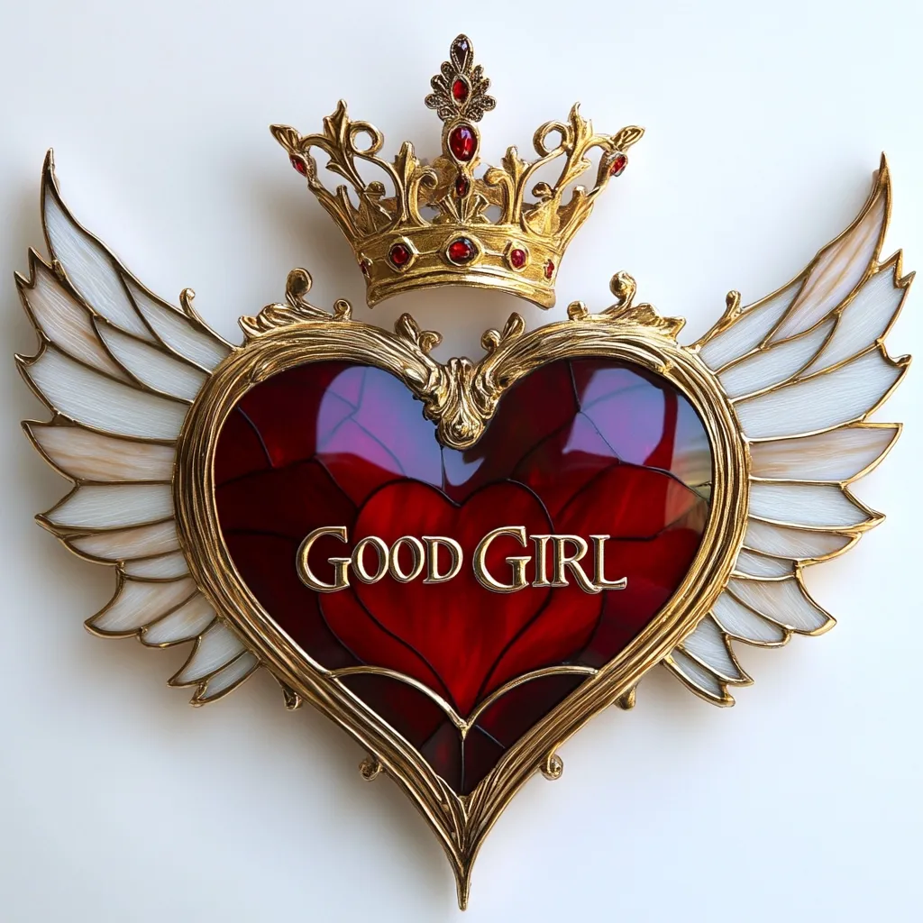 Here's a description of the image:

The image shows a striking piece of art: a gold-framed, red heart with gold lettering reading "GOOD GIRL," set against a white background.  The heart is adorned with ornate detailing and features two elegant, off-white wings extending from its sides. Atop the heart sits a gold crown embellished with ruby-red gemstones. The overall style is opulent and combines elements of religious iconography with a contemporary, almost ironic, message. The heart's red glass is richly hued, and the materials appear high-quality and meticulously crafted.