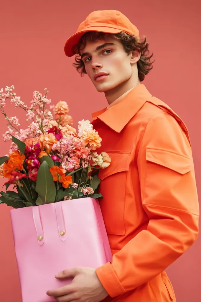 A young man with wavy brown hair wears a bright orange jumpsuit and matching cap.  He holds a pink tote bag filled with a vibrant bouquet of orange, pink, and red flowers.  The backdrop is a solid coral pink, creating a striking contrast with the model's outfit and the flowers. The overall image is stylish and playful, with a strong color palette.