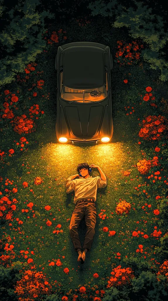Here's a description of the image:

The illustration showcases a young man lying supine on a grassy expanse, richly adorned with vibrant orange flowers. He's wearing a light beige long-sleeved shirt and dark brown pants, his bare feet slightly apart.  Overhead, a classic dark-colored car sits illuminated by its headlights, casting a warm glow on the scene. The setting appears to be nighttime, within a lush, verdant garden. The overall mood is serene and tranquil, suggesting a moment of peaceful contemplation. The style is reminiscent of anime or manga, with a focus on detailed linework and rich color palettes.